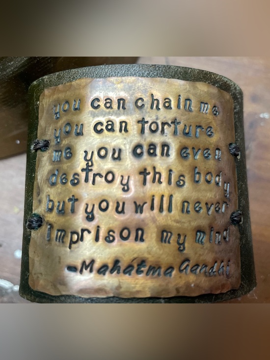 Artisan Jewelry - Brass Quote leather cuff bracelet size small- Mahatma Gandhi - Artisan Soho